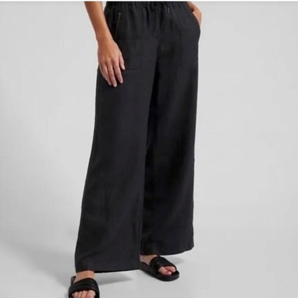 Athleta Cabo Linen Wide Leg Pants Black Size 16 Pull On Drawstring Casual